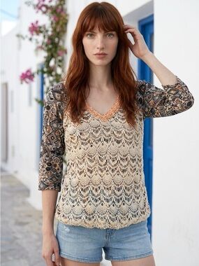 BKE Cream Beaded Crochet V-Neck 3/4 Sleeve BoHo Size M
